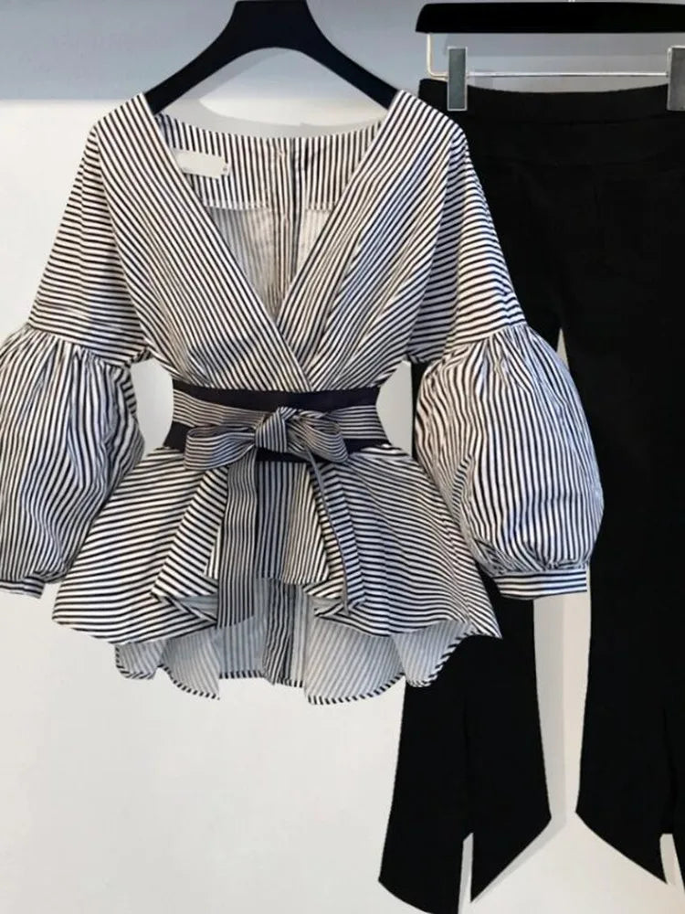 Lantern Sleeve Blouse Shirt Women 2023 Fashion Korean Style Summer Bow V-neck Striped Shirt Elegant Ladies Tops Female Clothing suit