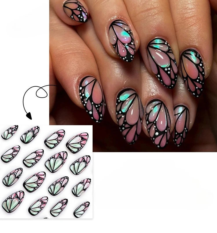 24pcs/Sets Color Pearl Powder Butterfly Press on Nails Short Almond Fake Nails Detachabe Tips Simple Wearable False Nail Set