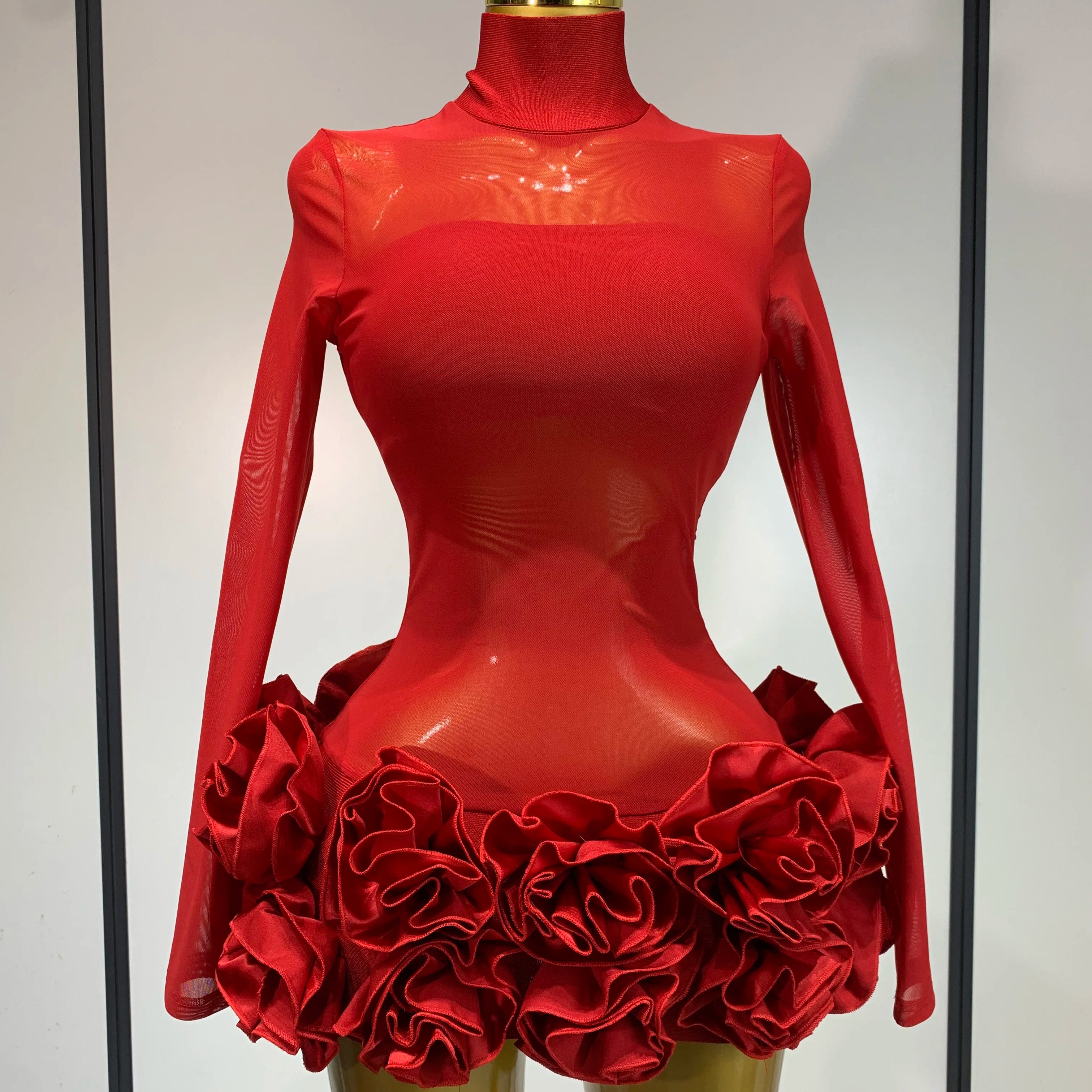 Women Sexy Mesh See through Stereoscopic Flowers Red Mini Bandage Dress Birthday Party Evening Dress Club Singer Perform Costume