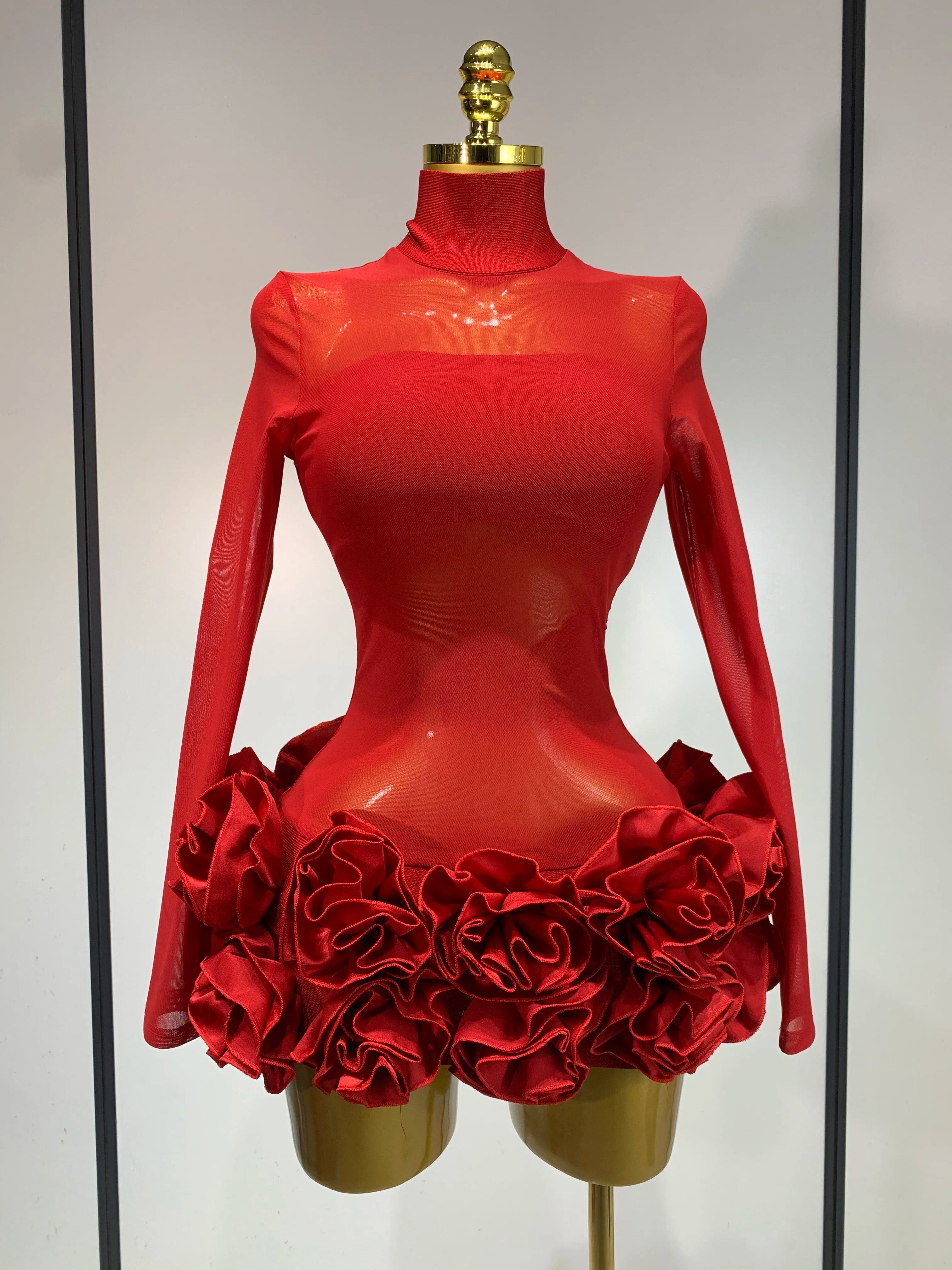 Women Sexy Mesh See through Stereoscopic Flowers Red Mini Bandage Dress Birthday Party Evening Dress Club Singer Perform Costume