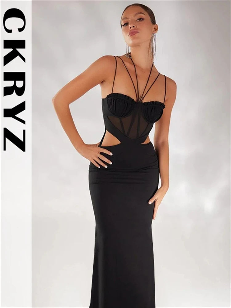 Ladies Autumn Sleeveless Backless Lace Up Halter Hollow Out Maxi Dress For Women New Fashion Evening Party Club Wear Y2K Clothes