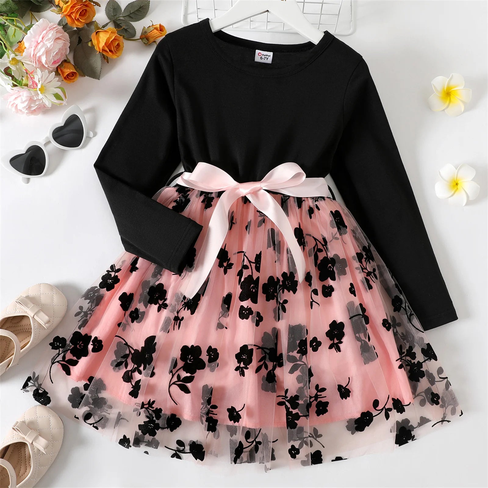 Kid Girl Dresses Floral Embroidered Belted Mesh Splice Long-sleeve Dress Kids Clothes Pink