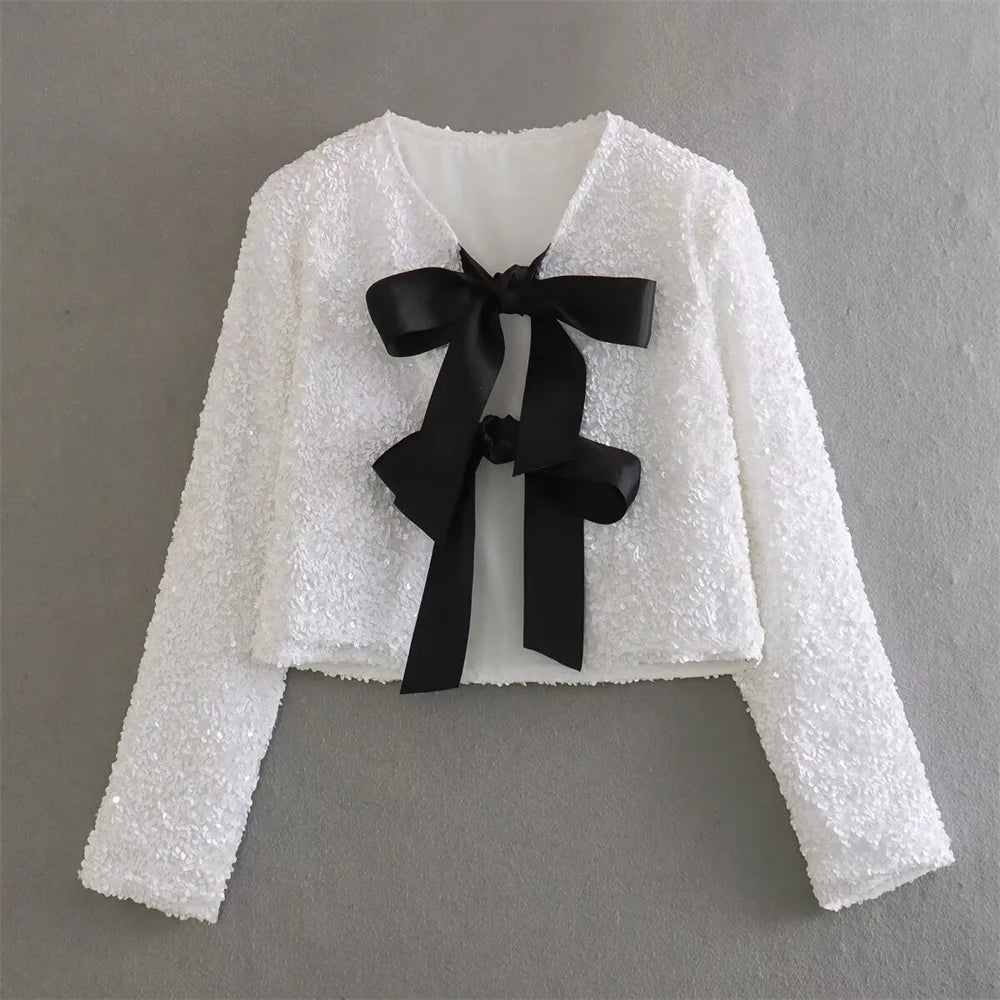 Zach Ailsa 2024 Early Spring New Women's Style Round Neck Long sleeved Bow Tie with Sequin Decoration Top Short Coat WHITE