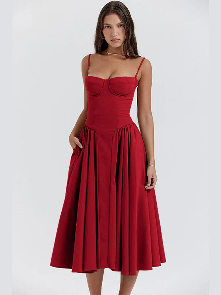 Women Sexy Solid Sling Midi Dress Fashion Sleeveless Backless Pleated Hem Dresses Summer Female Party Evening A-line Robes Red