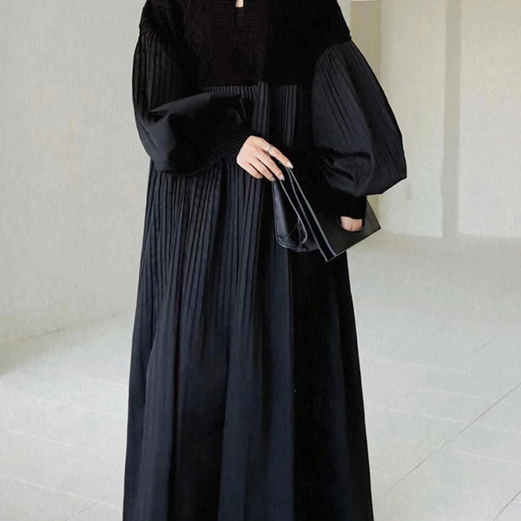 Vintage Black Hollow Out Knitted Patchwork Long Sleeve Pullover Dress Casual Loose Mid Long Vestidos Autumn Winter