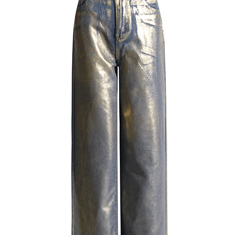 Metallic Wide Leg Jeans High Waist Pants For Women Autumn Vintage Y2K Streetwear Casual Loose Straight Denim Trousers