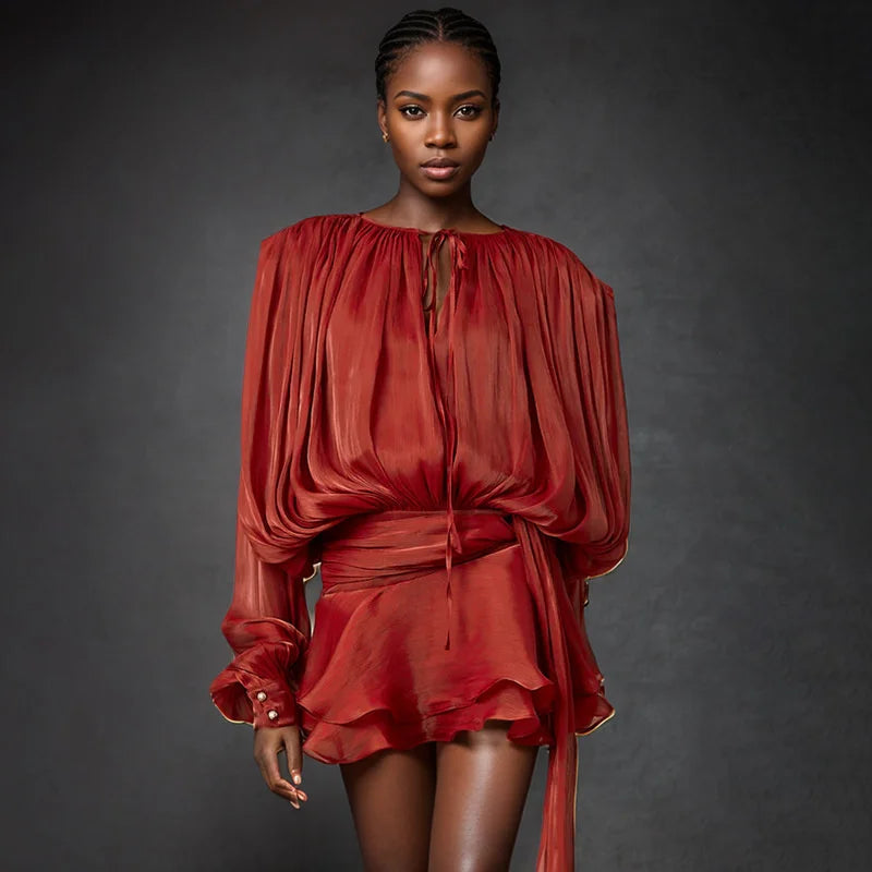 2025 Spring Solid Spliced Lace Up Loose Dresses For Women O Neck Long Sleeve High Waist Temperament Dress Female Fashion