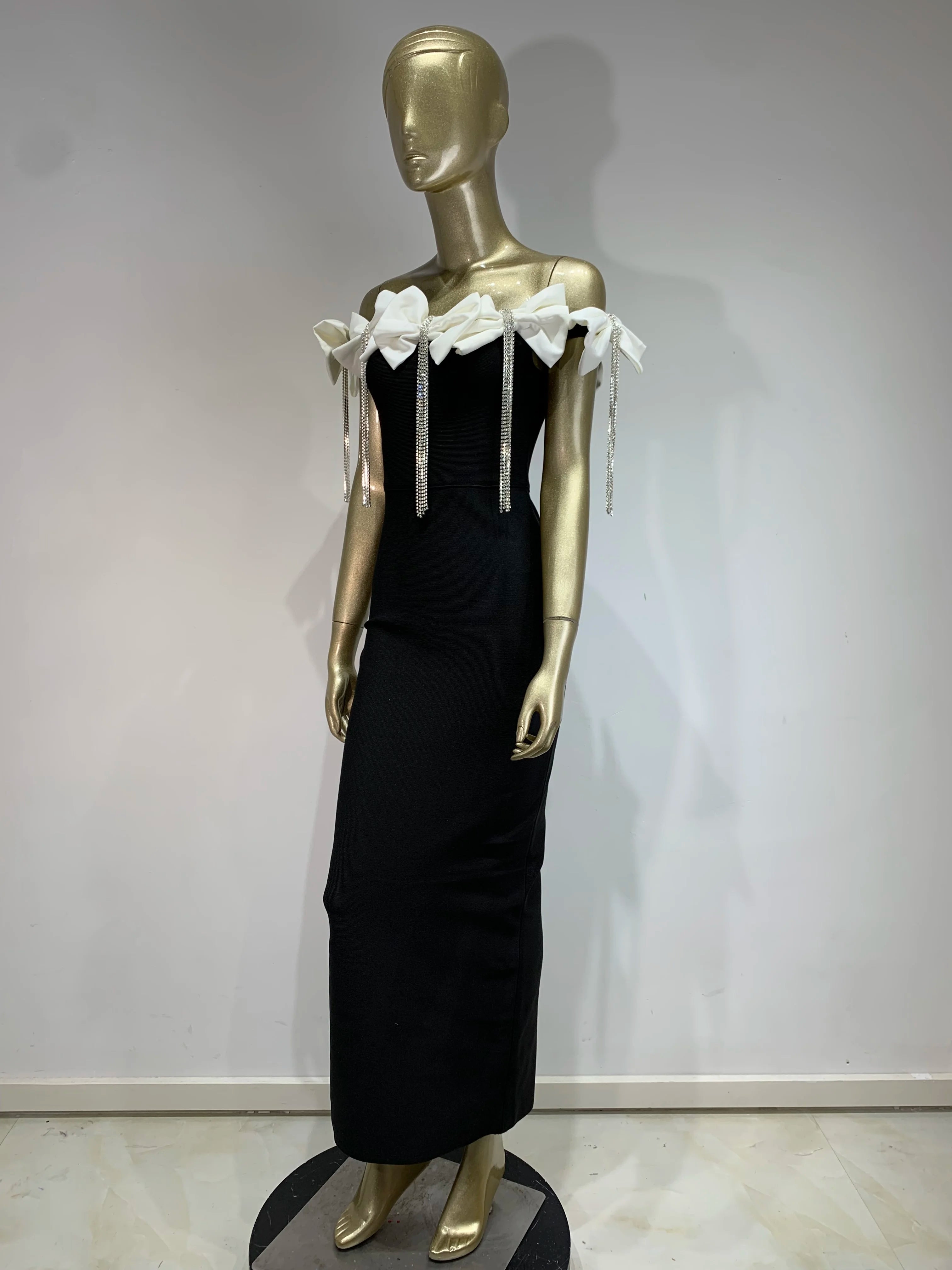 Women Sexy Off the Shoulder Bodycon Bandage Long Dress Bow Chain Elegant Evening Party Celebrate Birthday Dress