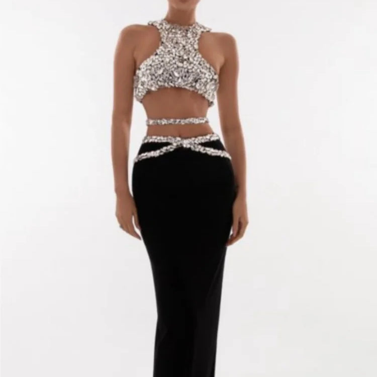 Sparkly Crystal Bodycon Tops 2 Pieces Bodycon Long Dress Women Sexy Off the Shoulder Nightclub Party Performance Costume