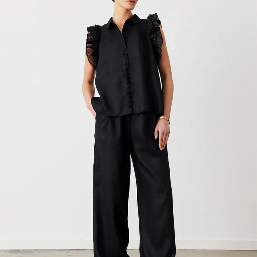 Clacive Fashion Loose Beige Cotton 2 Piece Sets Women Outfit Elegant Sleeveless Tank Top With High Waist Wide Pants Set Black