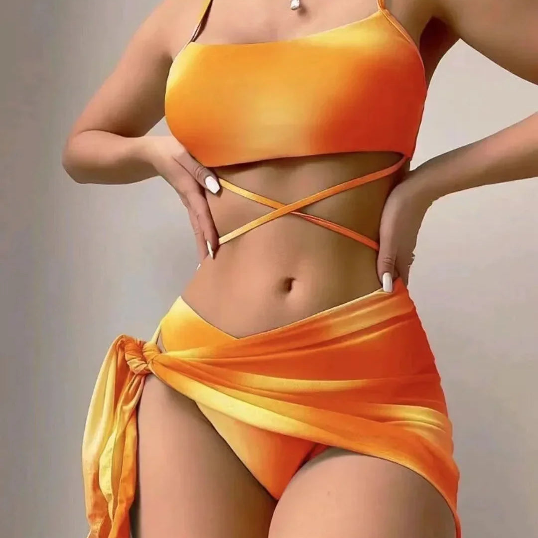 Sexy Womens 3 Pieces Bikini Set Tie Dye Swimsuit Beachwear Summer Fashion Push Up Comfortable Mesh Skirt Suit for Ladies Yellow