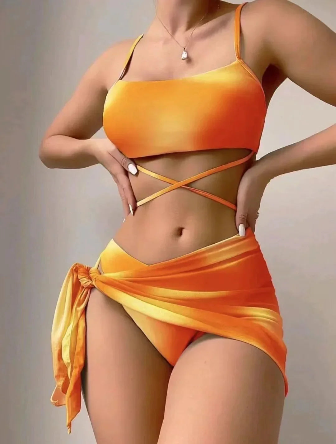 Sexy Womens 3 Pieces Bikini Set Tie Dye Swimsuit Beachwear Summer Fashion Push Up Comfortable Mesh Skirt Suit for Ladies Yellow