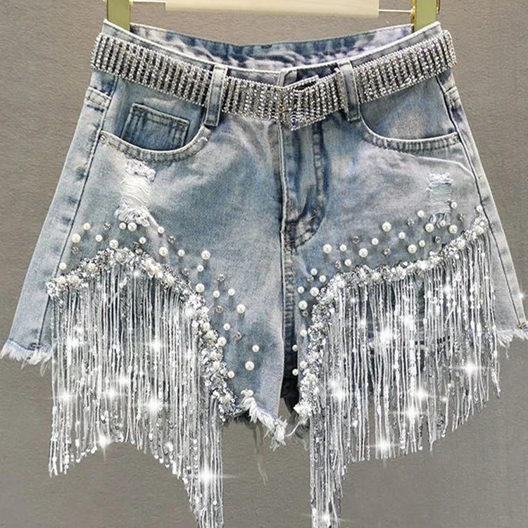 Summer Elegant Shorts Lady Tassel Beading High Waist Wide Leg Denim Shorts Female Casual Solid Shorts Jeans for Women Clothing