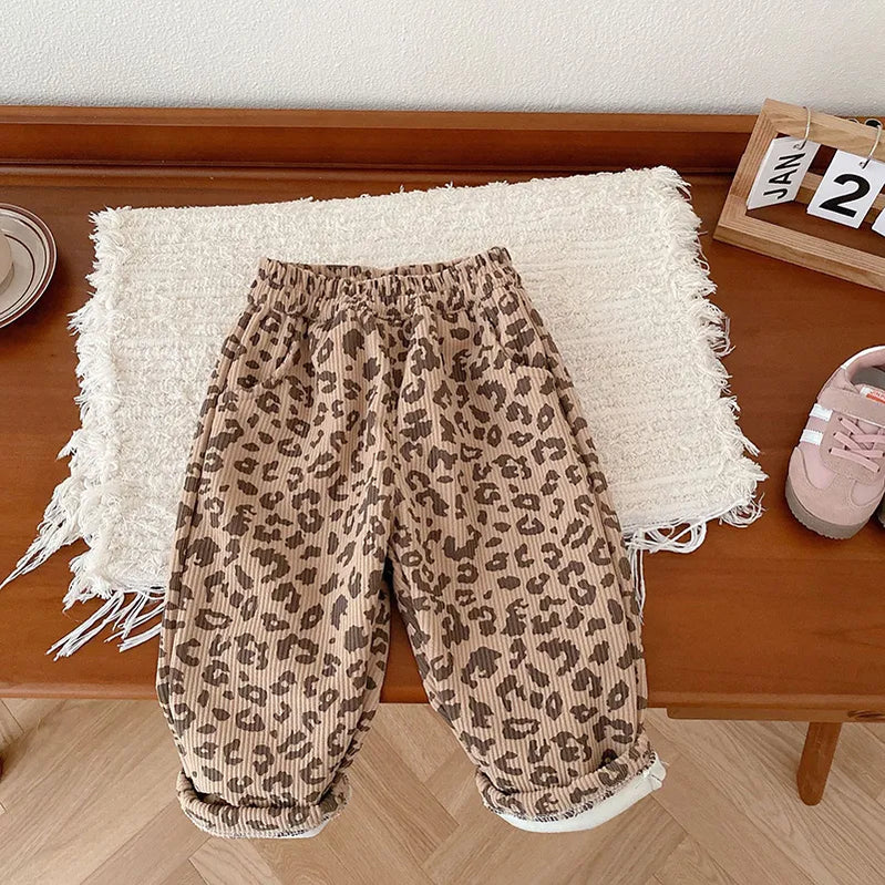 Winter Kids Pants Thicken Fur Lining Girls Trousers Warm Boys Pants coffee CN