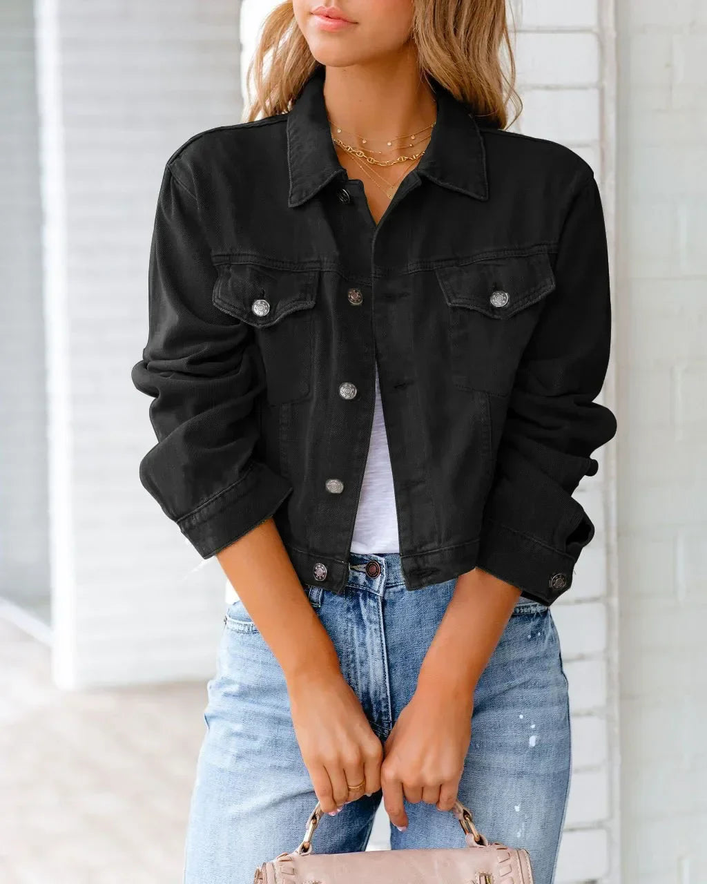 Short Pockets Jacket Fashion Streetwear Single Breasted Trend Women Denim Coats Long Sleeve Autumn New Denim Denim Coats black