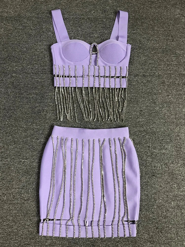 Women Summer Sexy Square Collar Purple Diamonds Sparkly Bodycon Bandage Skirt Set Knitted Elegant Evening Club Party Dress