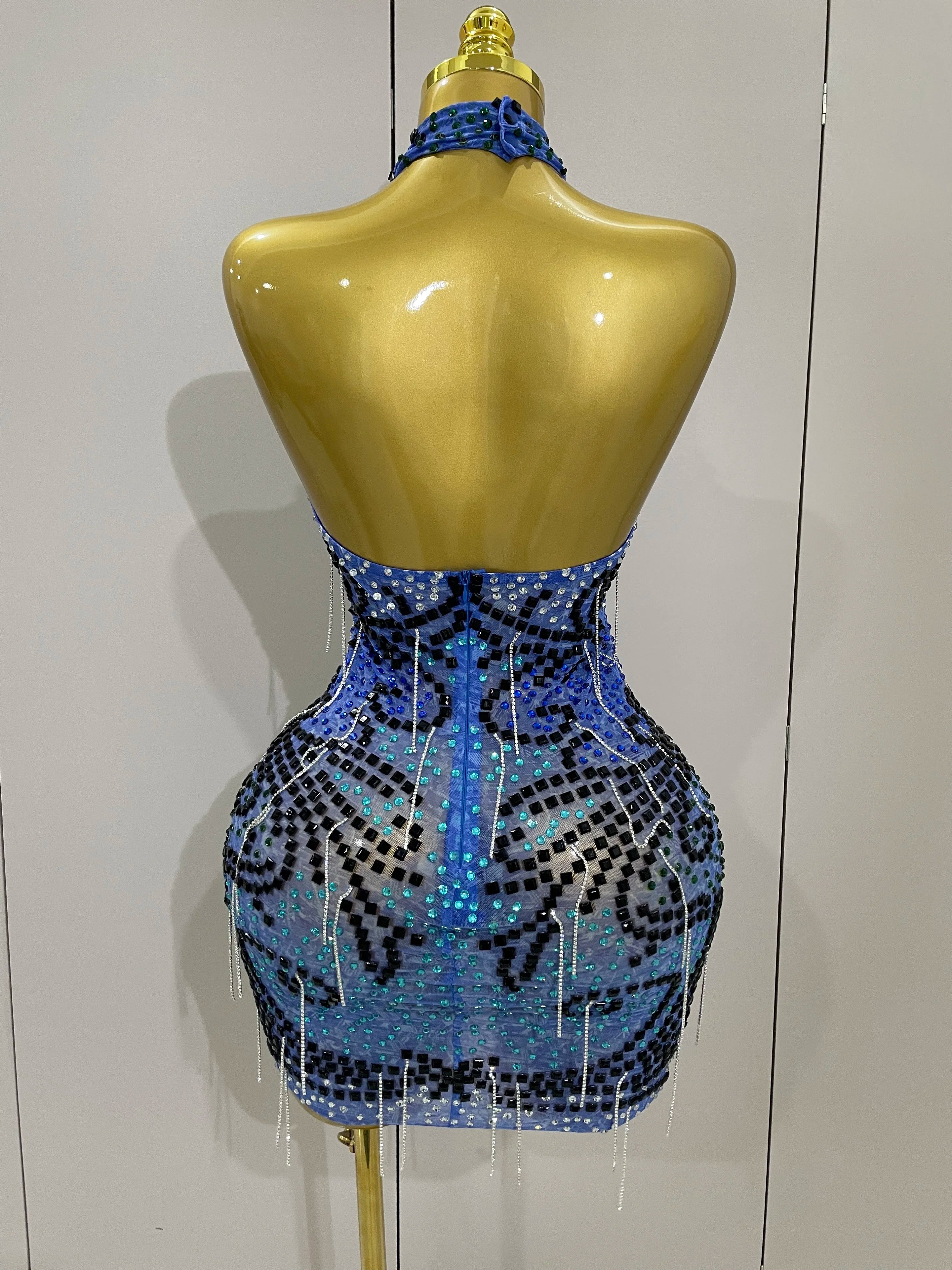 Sexy Sparkly Rhinestones Chains Blue Mesh Short Dress 2025 New Women Party Celebrate Birthday Dresses Photo Shoot Stage Wear