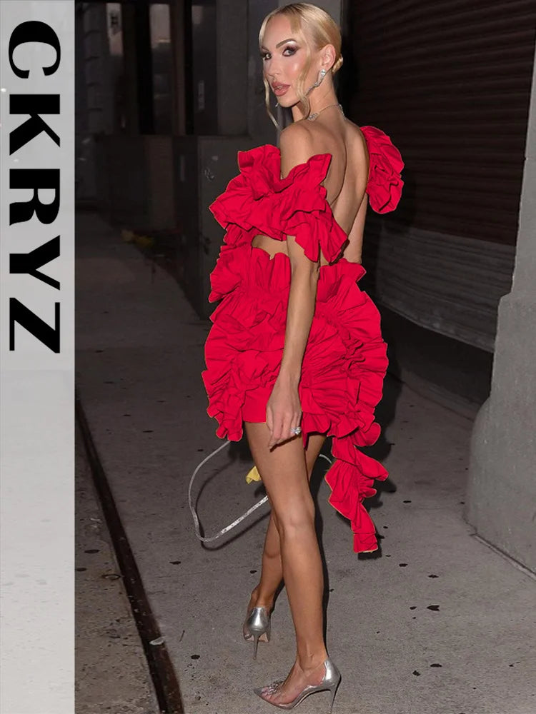 Ladies Autumn Sleeveless V-Neck Backless Sexy Birthday Party Mini Dresses For Women Ruffle New Fashion Clubwear Y2K Baddie Dress