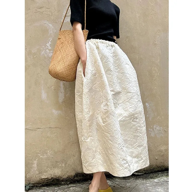 New Arrival Spring/summer Arts Style Women Casual Loose Fit Elastic Waist A-line Jacquard Design Ankle-length Skirt P02
