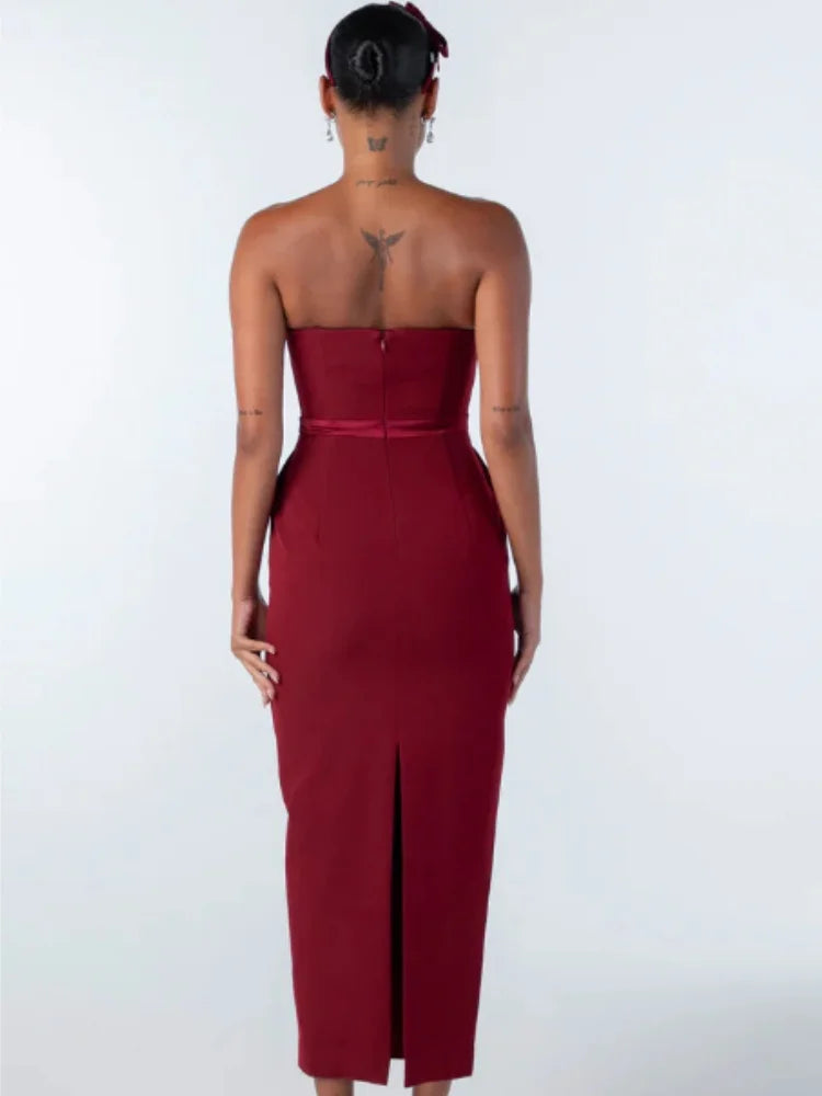 Arrival Women Sexy Strapless Bow Bodycon Mid-calf Dress Celebrate Birthday Party Date Cocktail Outfit