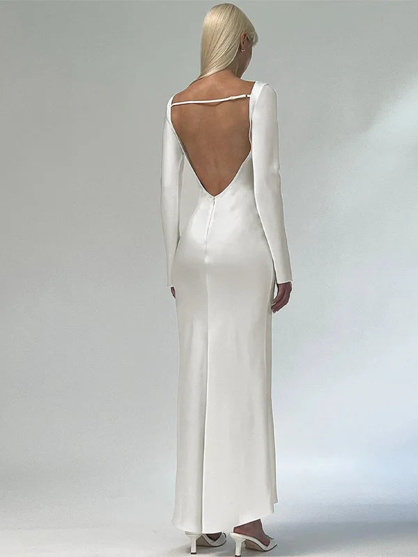 JULISSA MO Elegant Solid O-Neck Long Sleeve Backless Maxi Dress For Women 2023 Autumn Chic Silver Slim Long Dress Outfits Silver