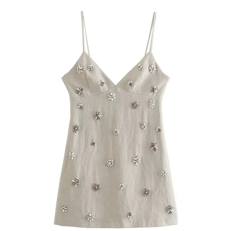 Nlzgmsj TRAF Women Chic Fashion Sleeveless Lnlay Mini Dress Vintage Thin Straps Summer Female Dresses Vestidos Mujer as picture