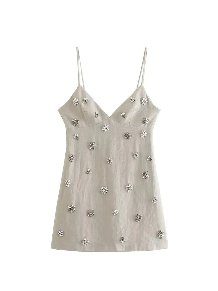 Nlzgmsj TRAF Women Chic Fashion Sleeveless Lnlay Mini Dress Vintage Thin Straps Summer Female Dresses Vestidos Mujer as picture