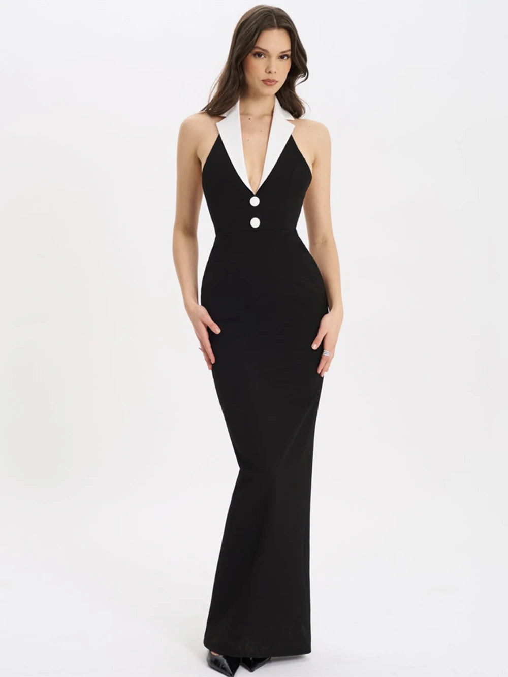 Sexy Lapel Halter Neck Bandage Long Formal Dress For Women Fashion Sleeveless Backless Shiny Robe Bnaquet Street Party Vestido