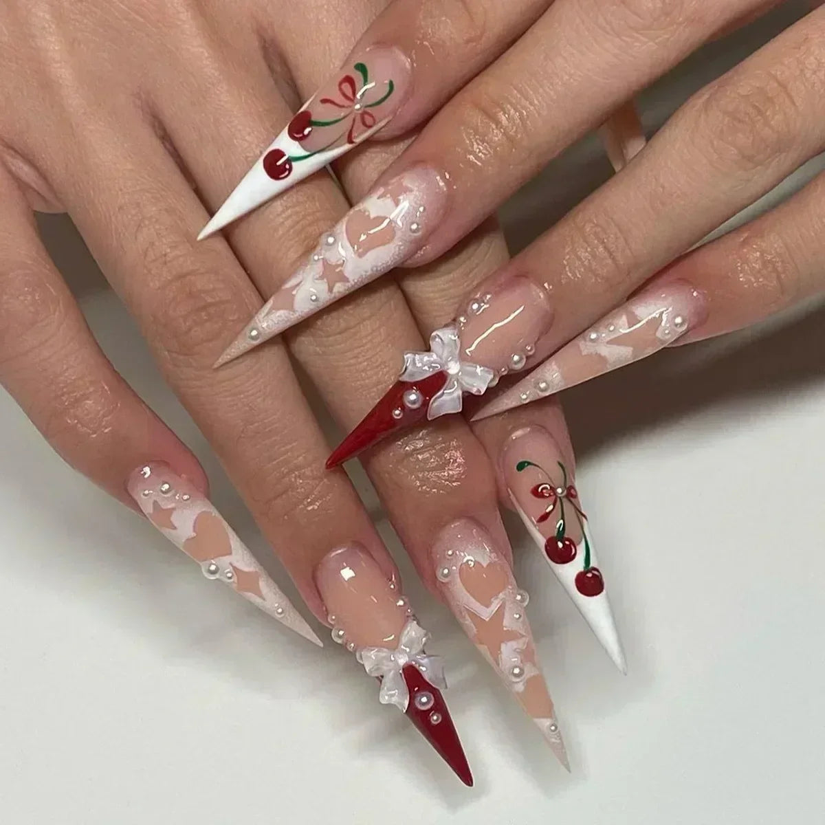24 peças unhas postiças com cola amêndoa preto vermelho gradiente design destacável strass acrílico unha postiça longa stiletto unhas de pressão