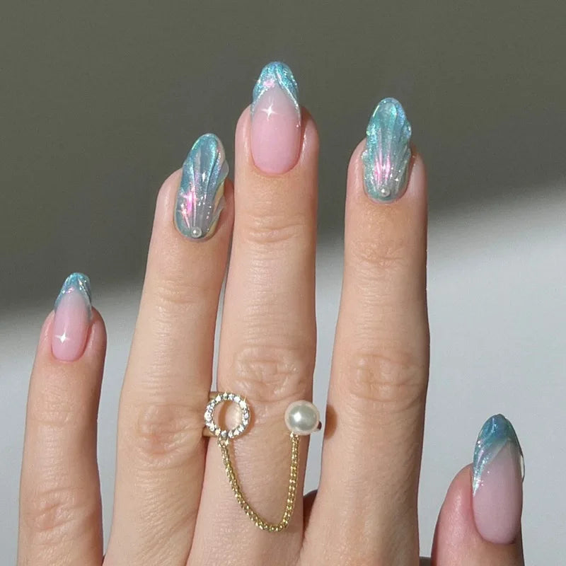 24Pcs Mid-length French Almond Fake Nail with Shiny Powder Design False Nail Art 3D Shell Pattern Datachable Press on Nails Tips