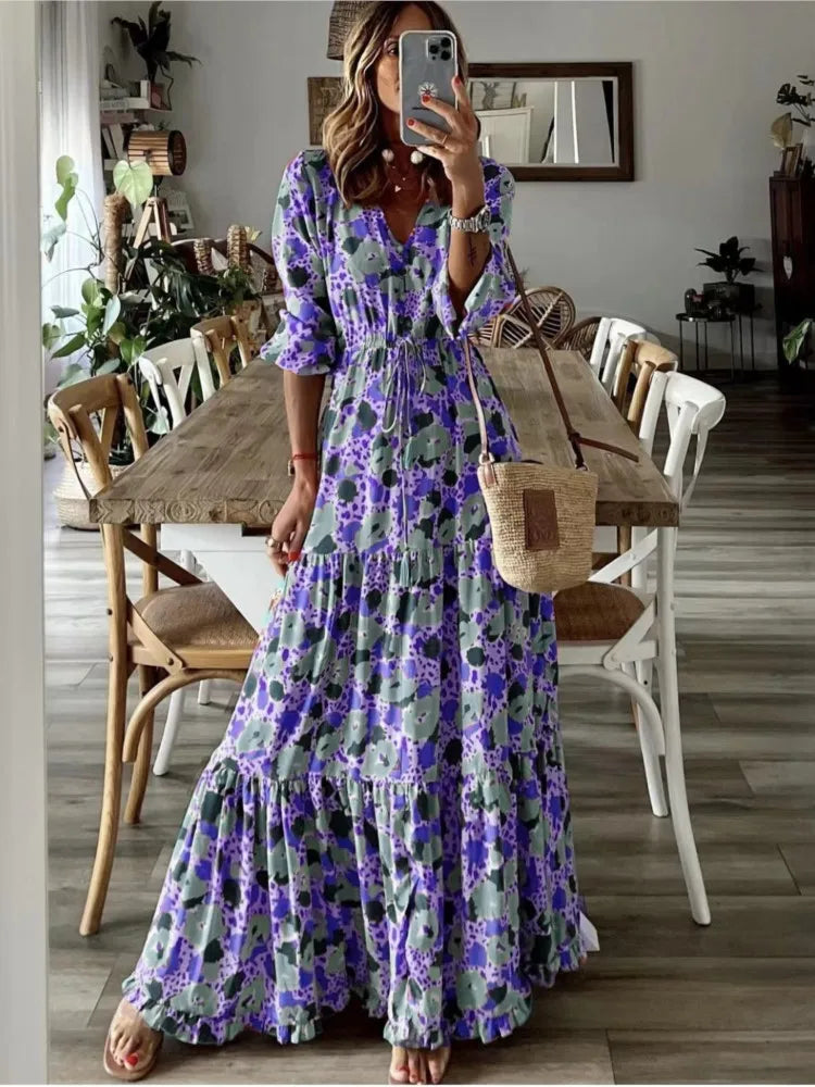 Spring Autumn Flower Print Long Dresses For Women Casual Holiday A-line Beach Dress Fashion Elegant Bohemian Style Maxi Vestidos