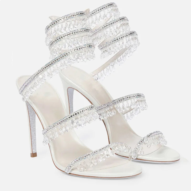 Fashion Crystal Pendant Tassels Women Sandals Sexy Snake Coiled Stiletto High heels Gladiator sandals Summer Wedding Party Shoes White