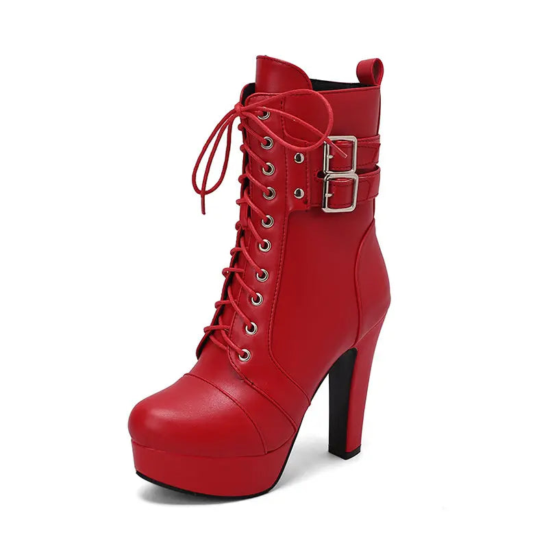 SIMLOVEYO Fashion Women Boots Round Toe Chunky High Heels 12cm Platform 2.5cm Lace Up Belt Buckles Size 47 48 49 50