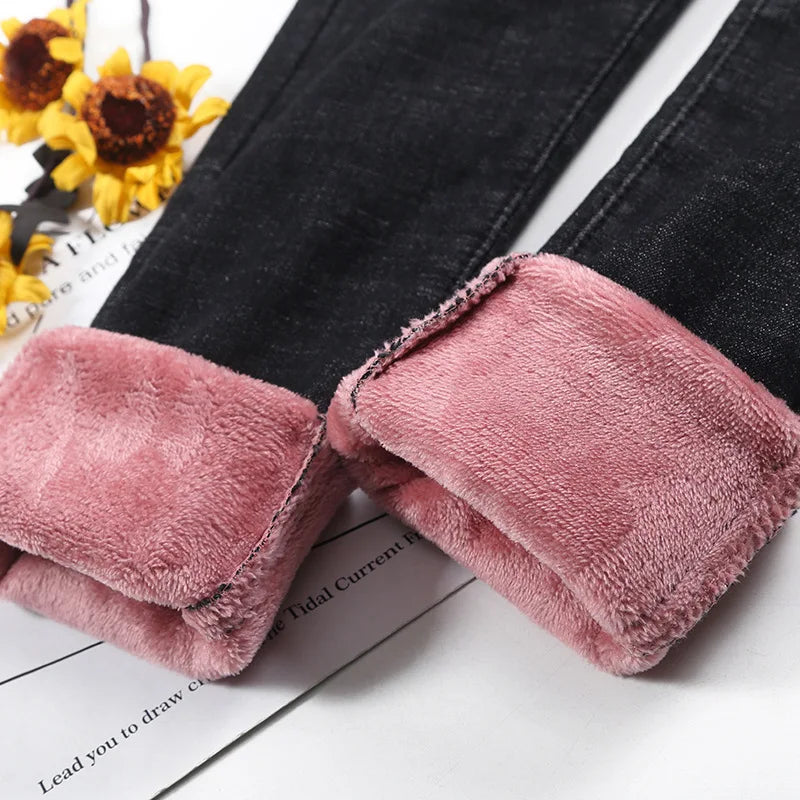 Fashion Stretch High Waist Pencil Pants Female Casual Velvet Jeans Womens Jeans Thick Women Pants