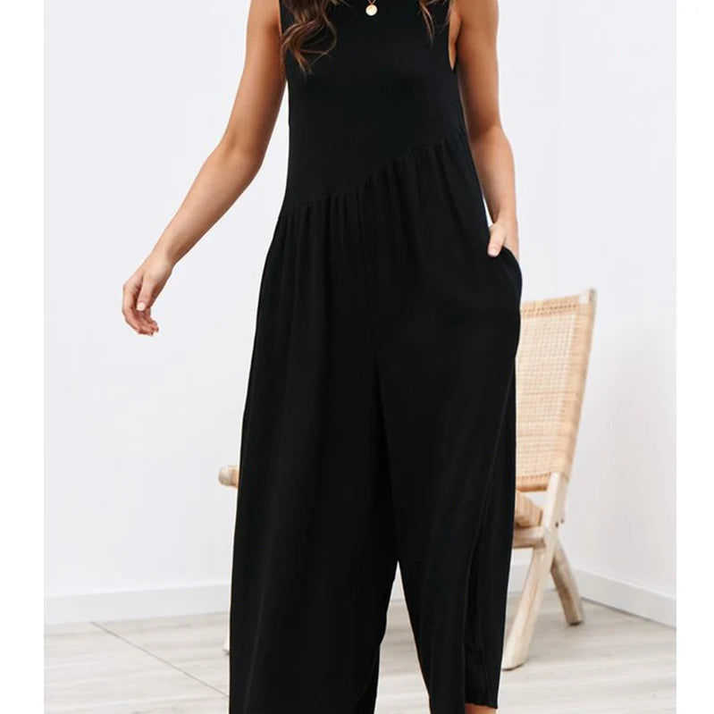 Women Casual Loose Long Jumpsuit Summer Solid Strap Wide Leg Jumpsuit Tie Up Backless Solid Color Vacation macacao feminino black