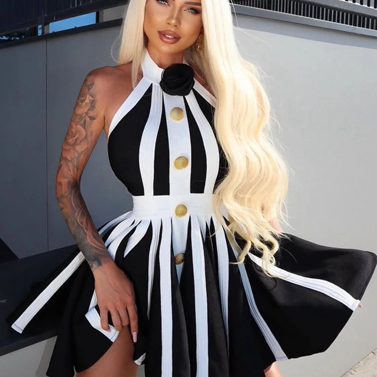 VC 2024 New Summer Women's Black and White Stripe Button 3D Rose Halter Backless Pleated Sexy Sleeveless Knitted Mini Dress