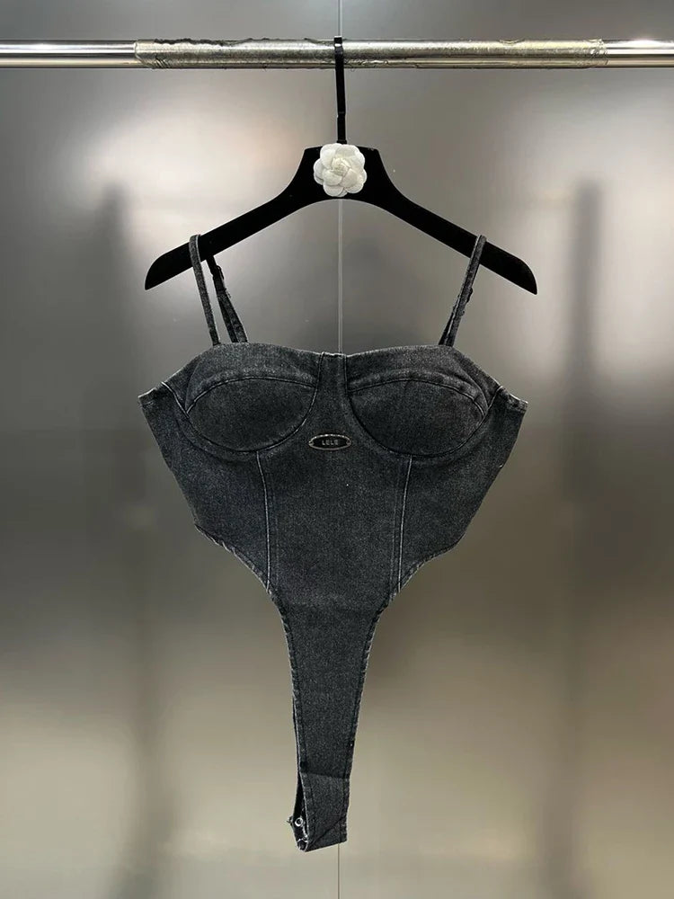 DEAT Sexy Strapless Jumpsuit Vintage Off Shoulder Denim Sling Women Solid Color Streetwear Personality Tops Spring 11XX2290