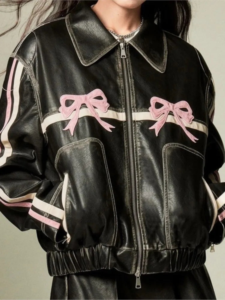 New Bow Y2k Motorcycle PU Leather Jacket Fashion Women Zipper Polo-neck Sweet Cool Coat Autumn Vintage Street Oversize Top