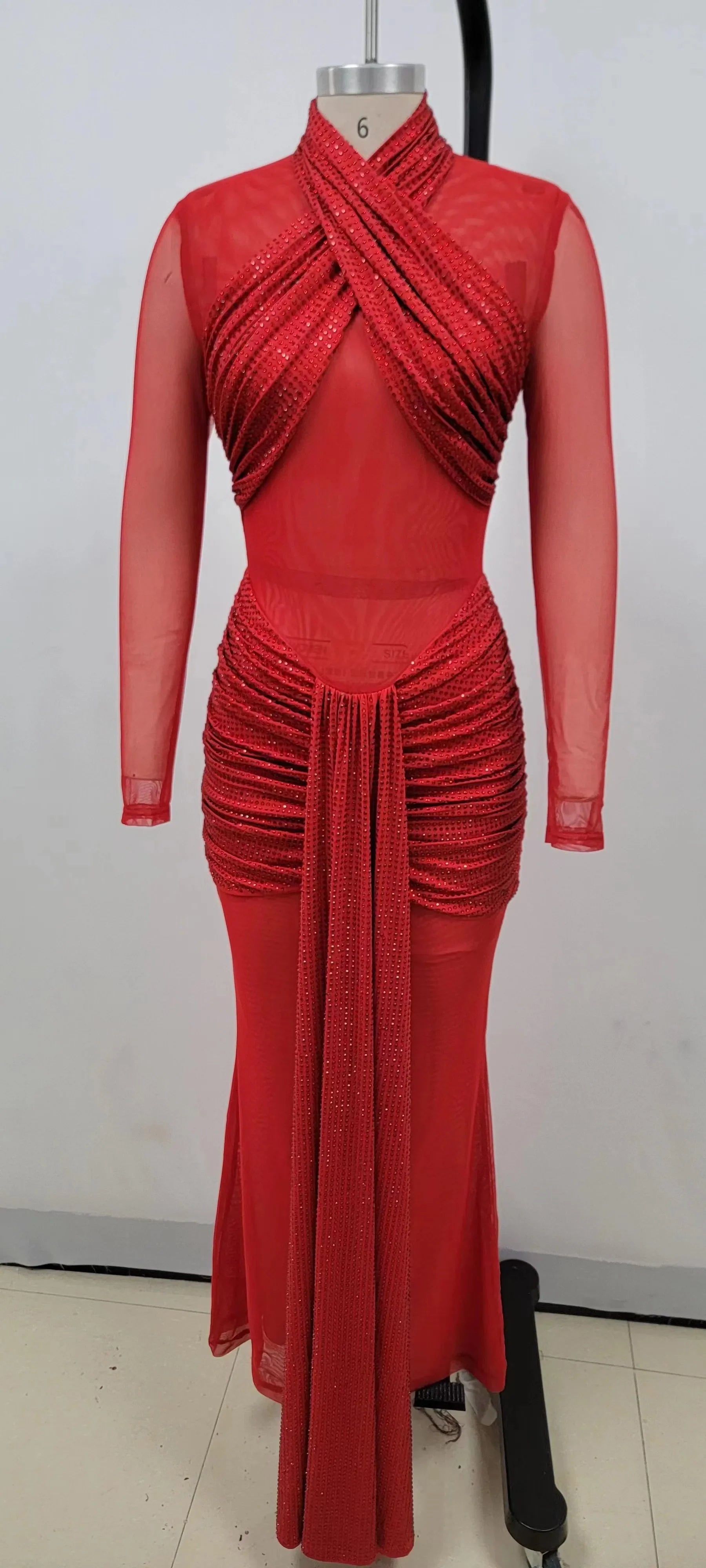 Red Color Women Long Sleeve Shinning Rhinestones Mesh Bodycon Long Dress Fashion Nightclub Party Celebrate Outfit Vestido