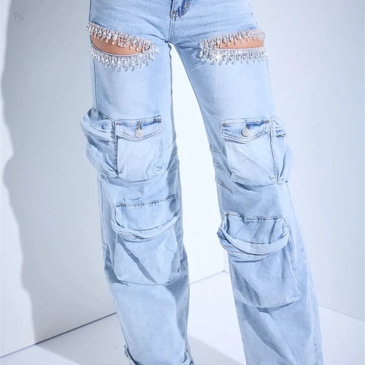 CM.YAYA Women Cutout Diamonds Crystal Hollow Out Straight Denim Pants 2024 Fall Multi Pocket High Waist Wide Leg Jeans Trousers