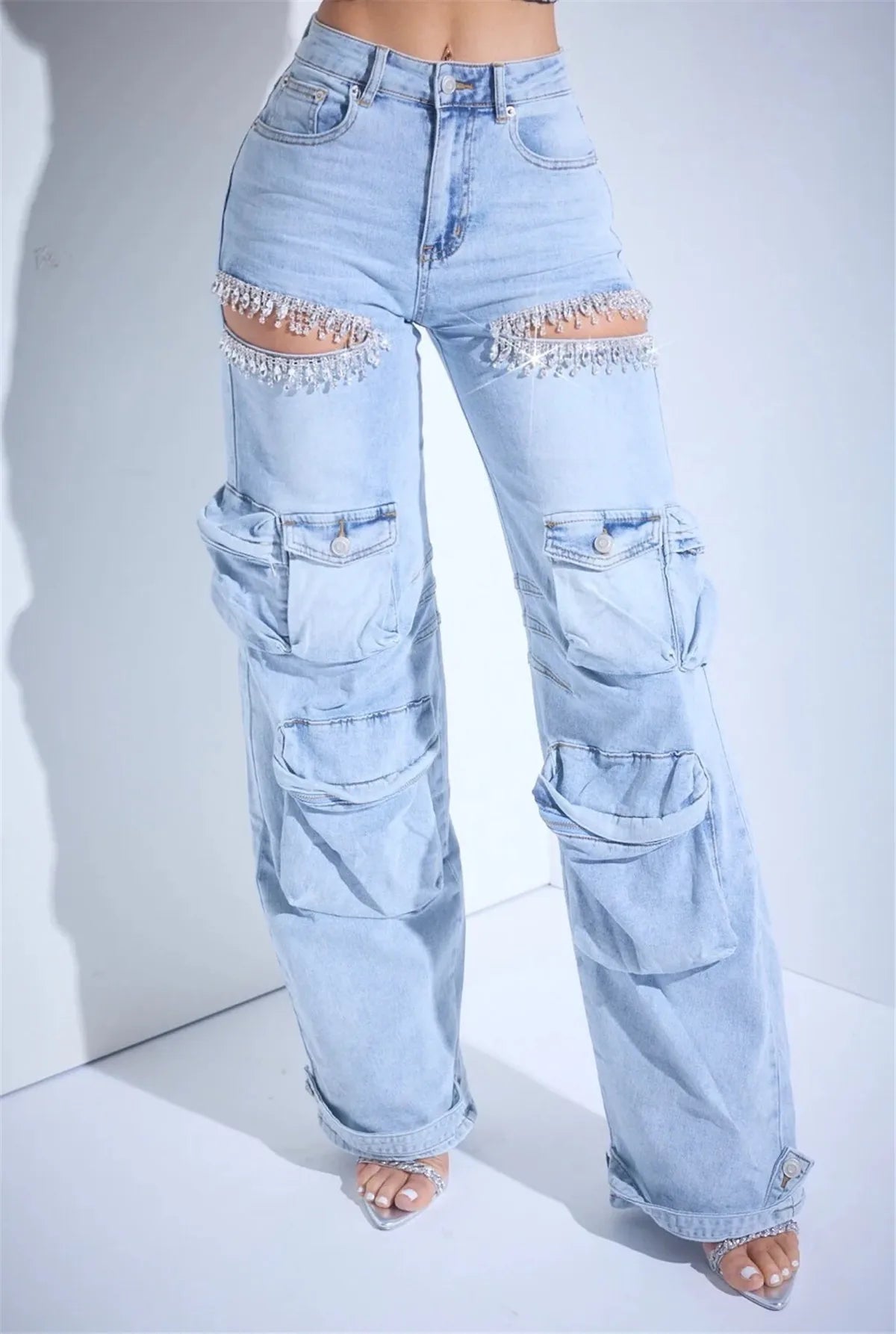 CM.YAYA Women Cutout Diamonds Crystal Hollow Out Straight Denim Pants 2024 Fall Multi Pocket High Waist Wide Leg Jeans Trousers