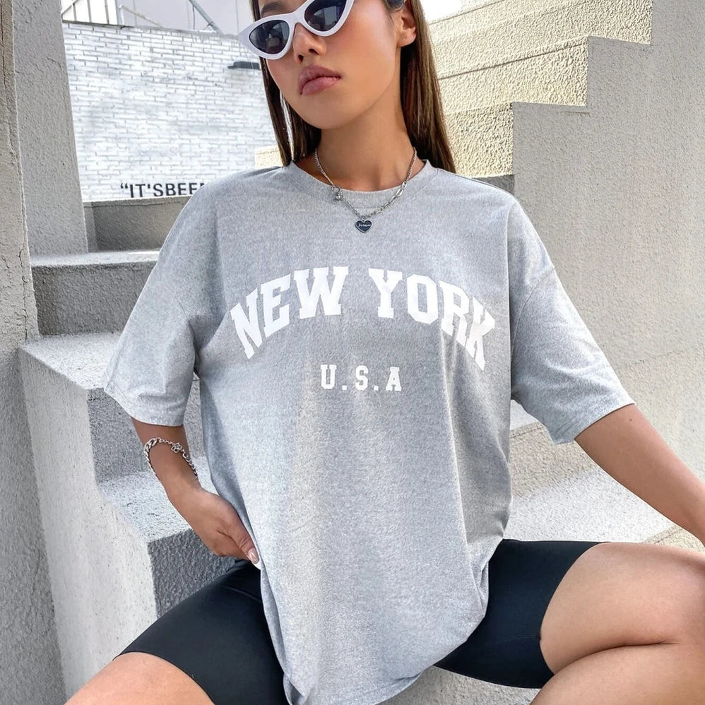 U.S.A New York USA City Street Printed Women T Shirts Breathable Summer T-Shirt Fashion Tees Clothing O-Neck Short Sleeve gray