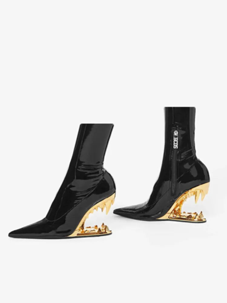 European and American New Knee-length Thigh Women's Boots Fashion Pointed Side Zipper Teeth High Heels Show Patent Leather Boots Black gold heel