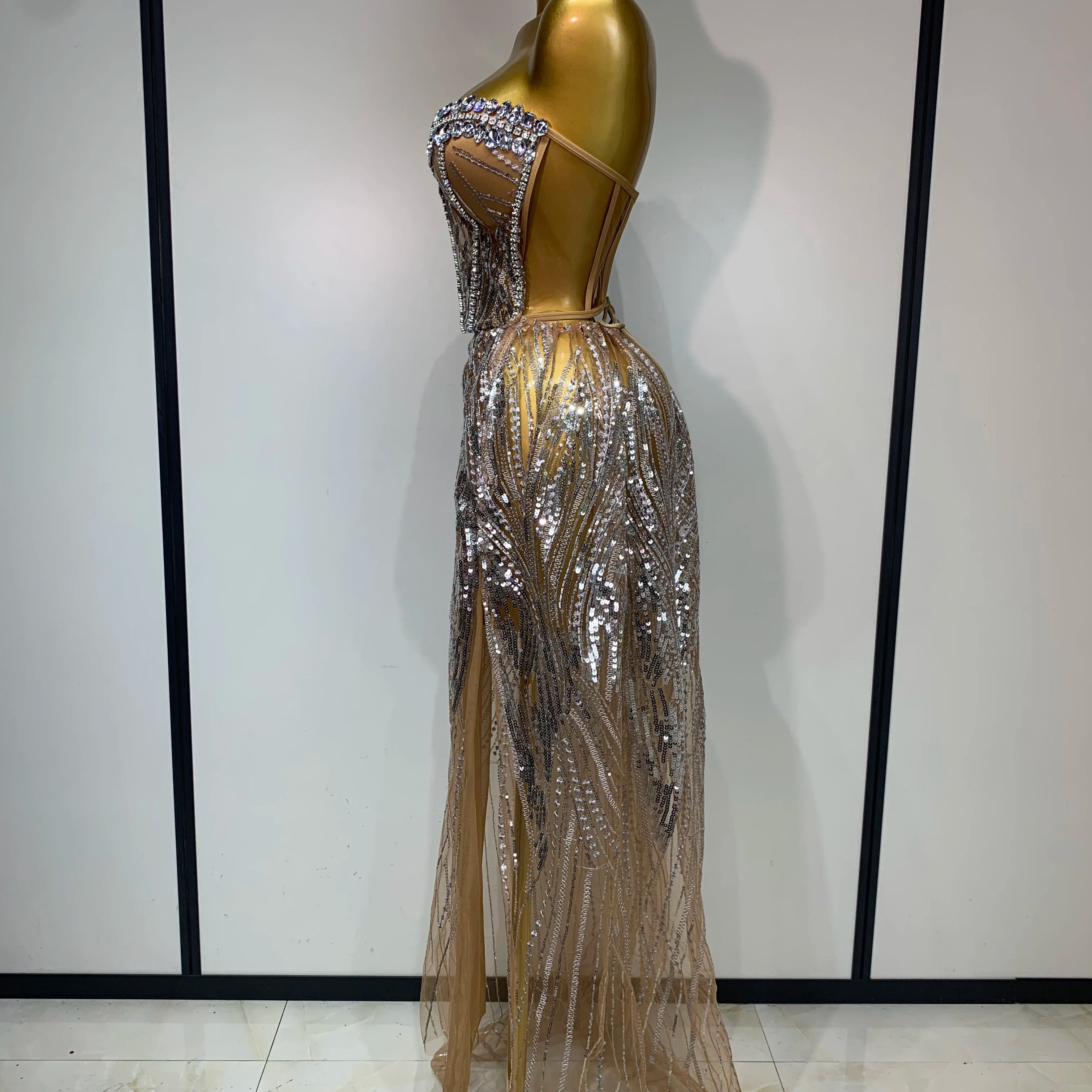 Women Sexy Strapless Mesh See Through Crystal Maxi Dress Evening Party Singer Stage Performance Costume Luxury Birthday Dress