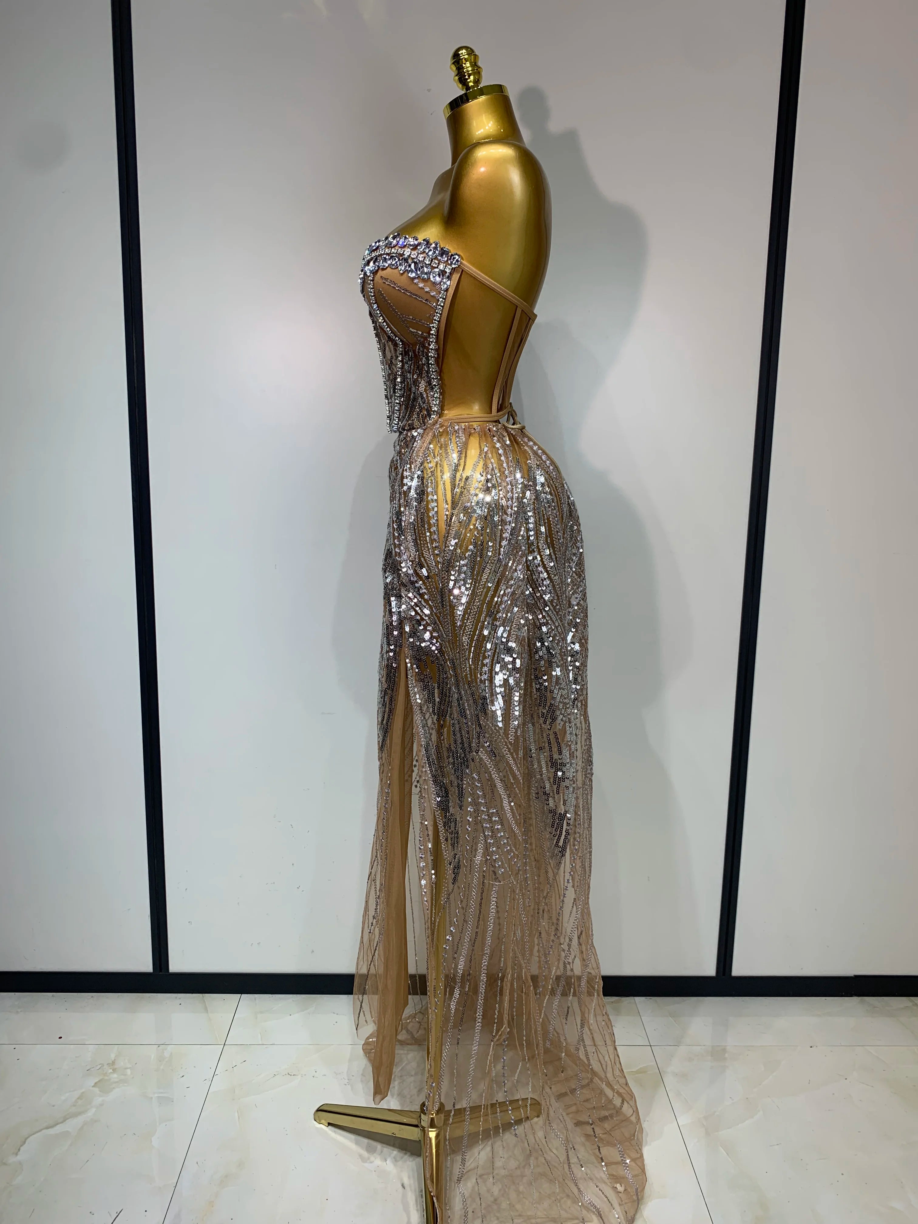 Women Sexy Strapless Mesh See Through Crystal Maxi Dress Evening Party Singer Stage Performance Costume Luxury Birthday Dress