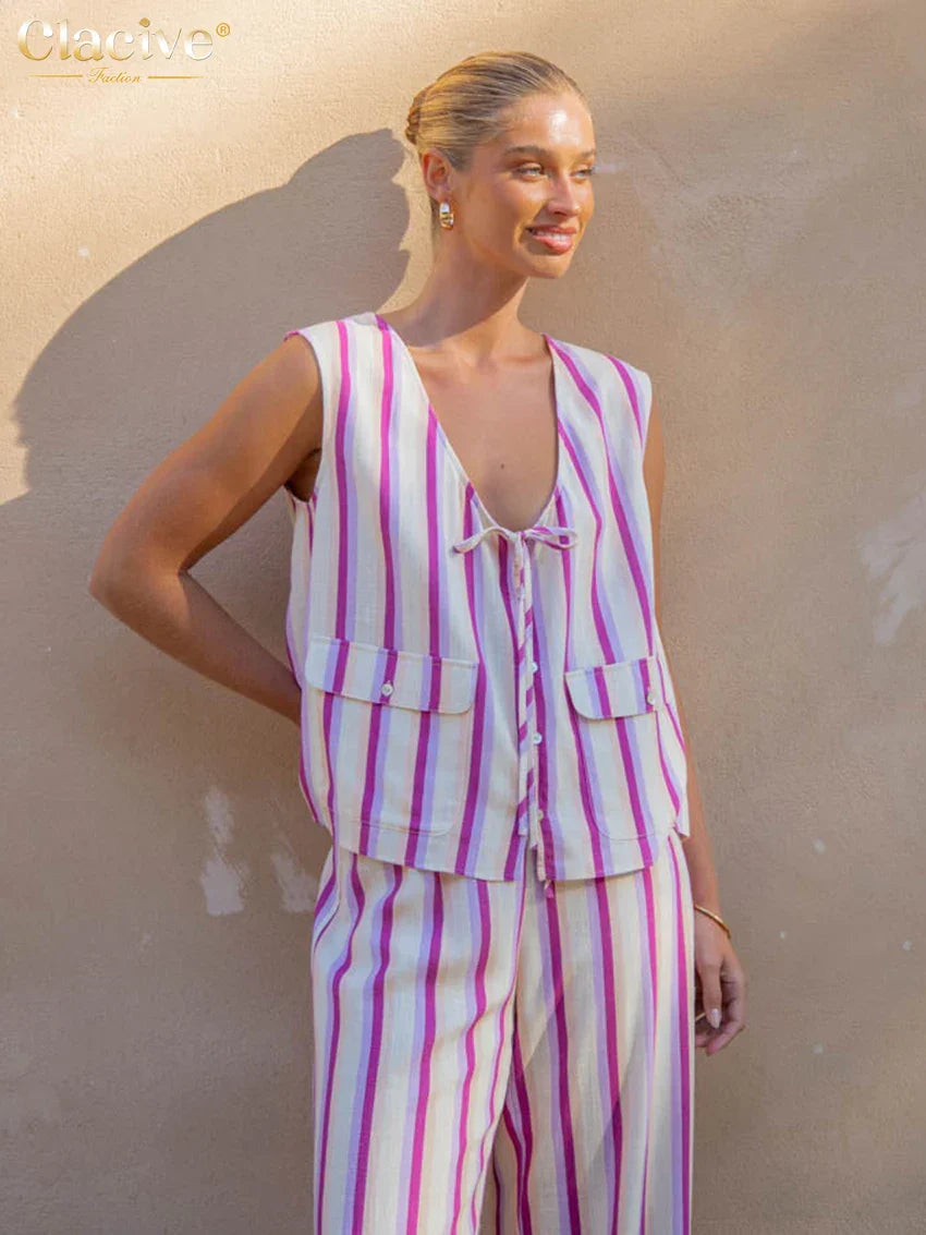 Clacive Summer Loose Print 2 Piece Sets Women Outfit Fashion Sleeveless Tank Top With High Waist Wide Pants Set Streetwear