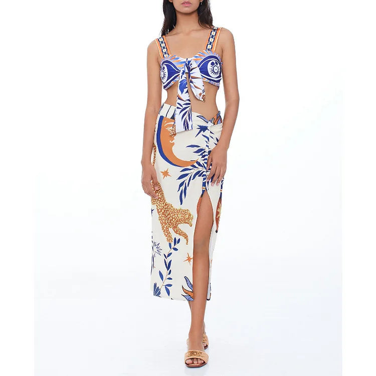 Fashion Printed Lace Up Bikini Sexy High Waisted Split Swimsuit Women Elegant Beach Swimwear Luxury Bathing Suit Beachwear