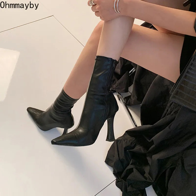 Black Women Ankle Boots Woman Thin High Heel Fashion Pointed Toe Zipper Winter Women's Shoes Leather White Short Booties