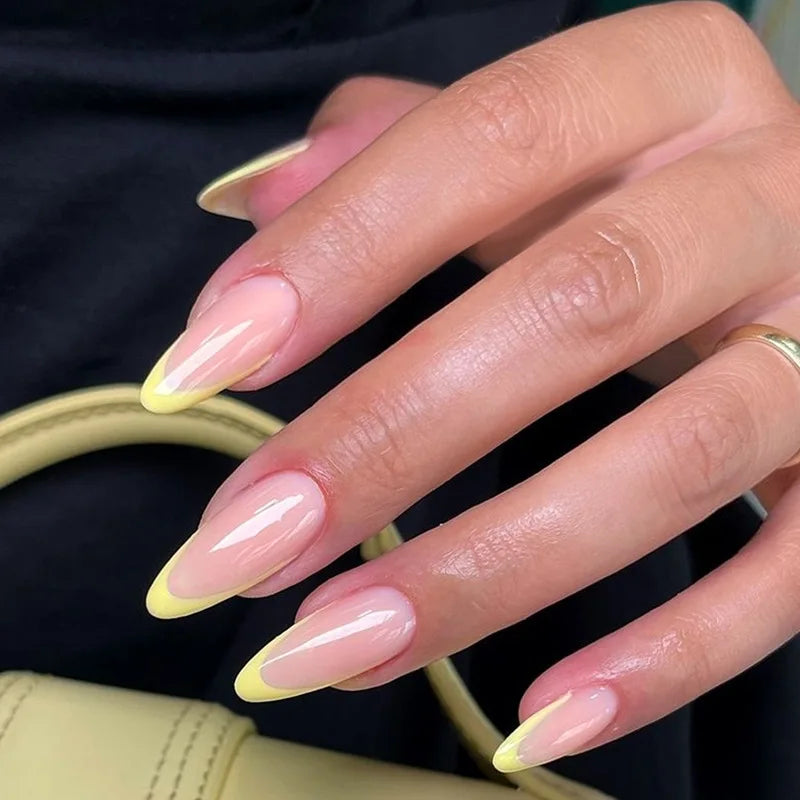 24Pcs Mid-length Almond Fake Nail with White Gradient Design Press on False Nails Round Head Wearable Full Cover Nails Tips Art