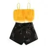 Listenwind 2-7Y Kids Children Girls Clothes Set Vest Tops Pu Leather Bow Shorts Summer Outfits D